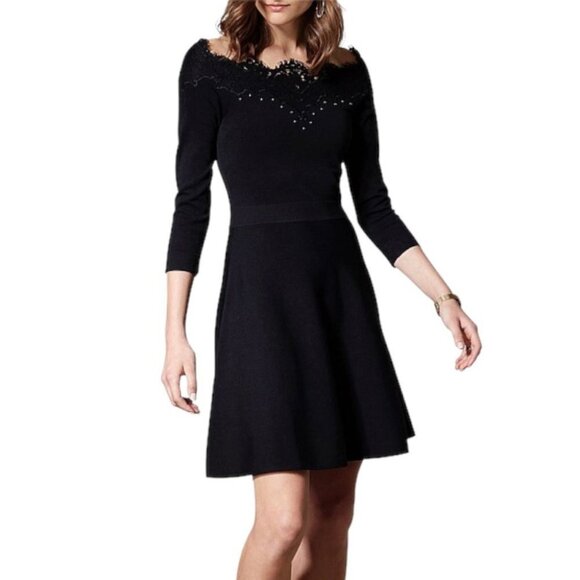 Karen Millen Dress Women's Size Large Black Lace Bardot Long Sleeve Flare NWT - Picture 1 of 13